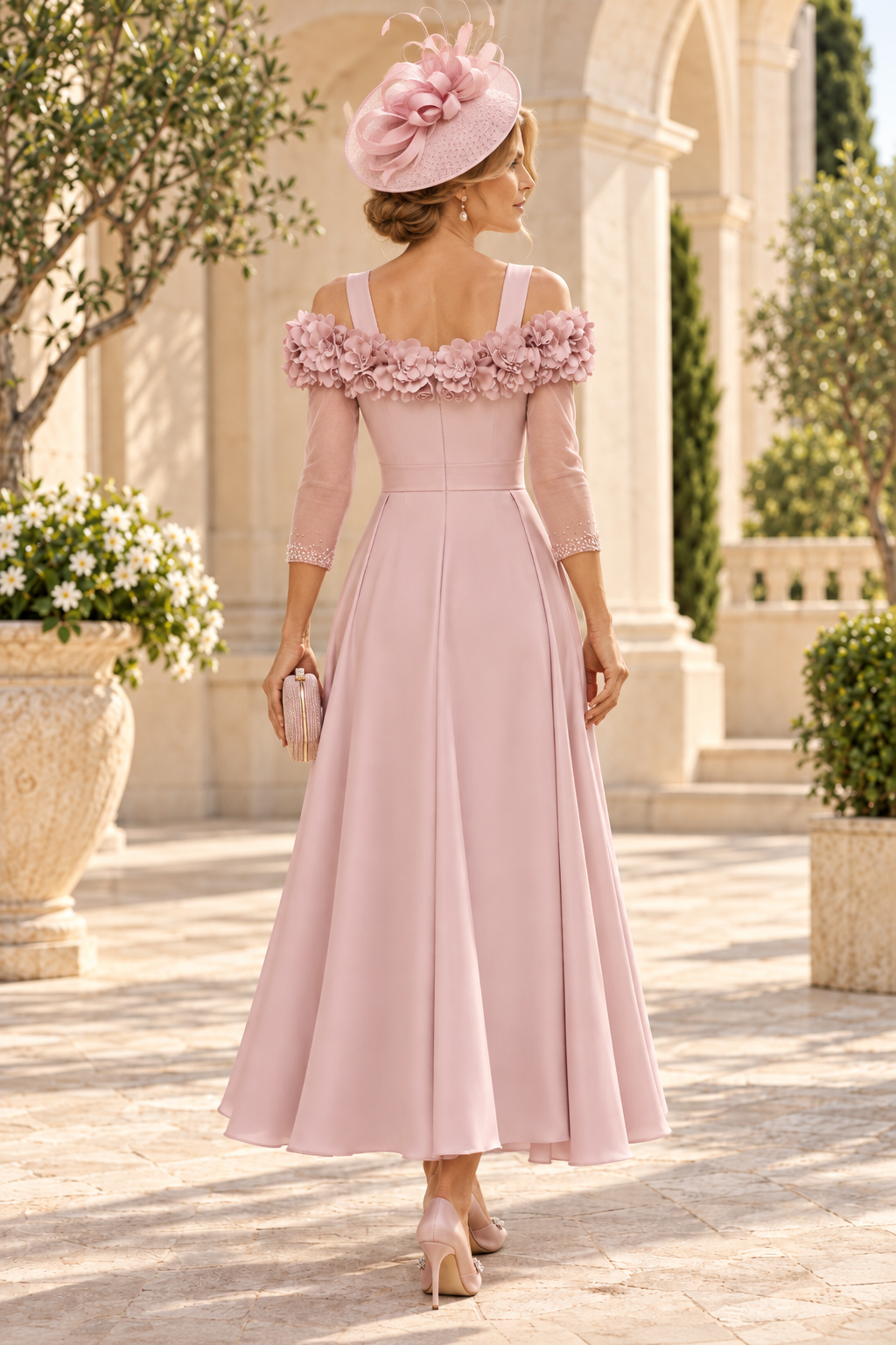3D Floral Cold-Shoulder Tea-Length A-Line Dress