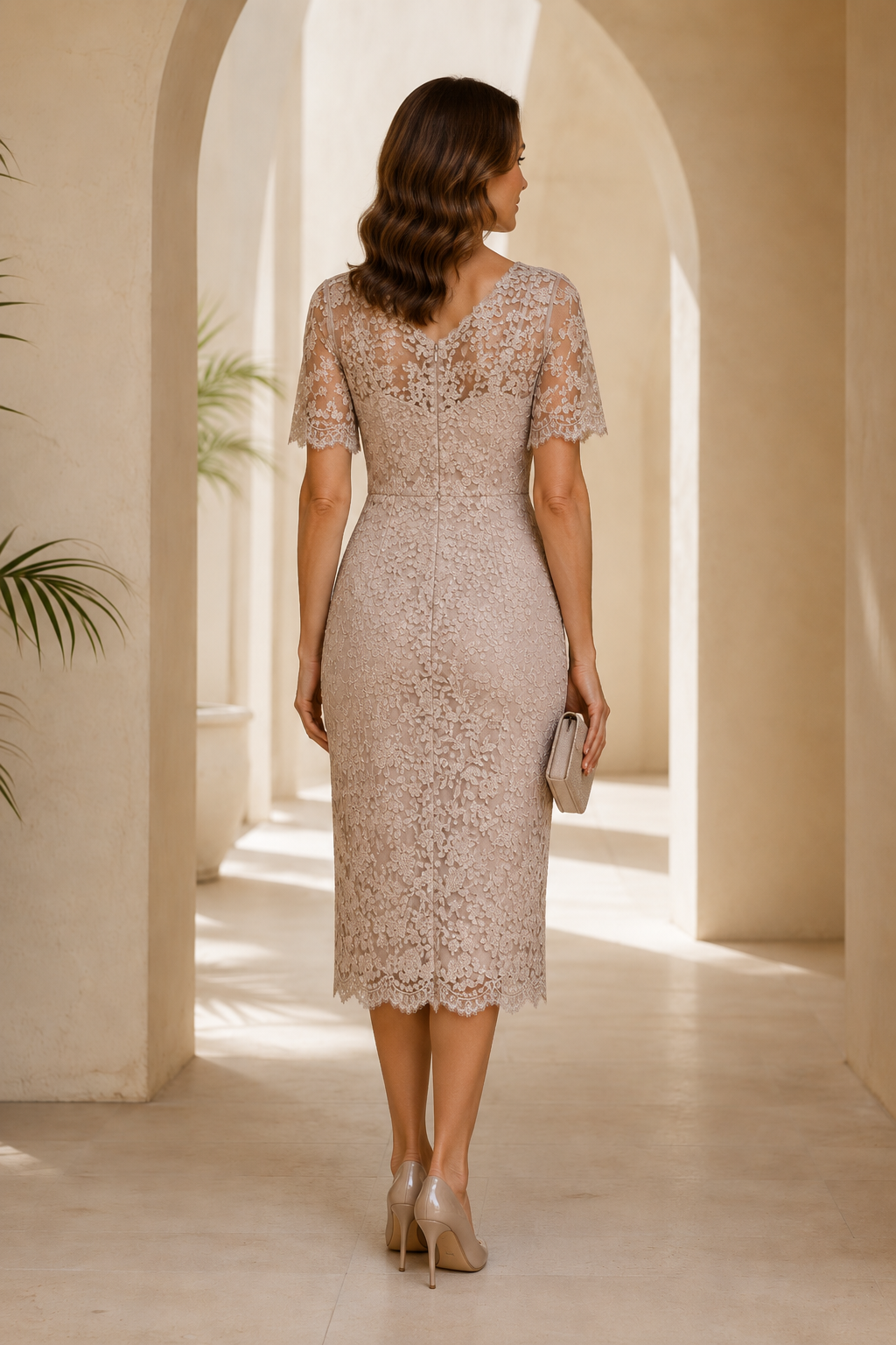 Midi-Scheidenkleid mit gewelltem V-Ausschnitt und Spitze