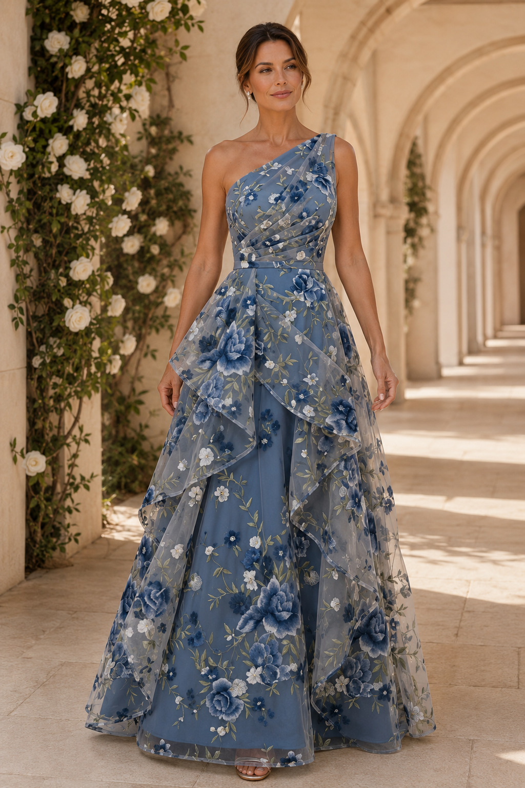 Floral One-Shoulder Tiered A-Line Gown