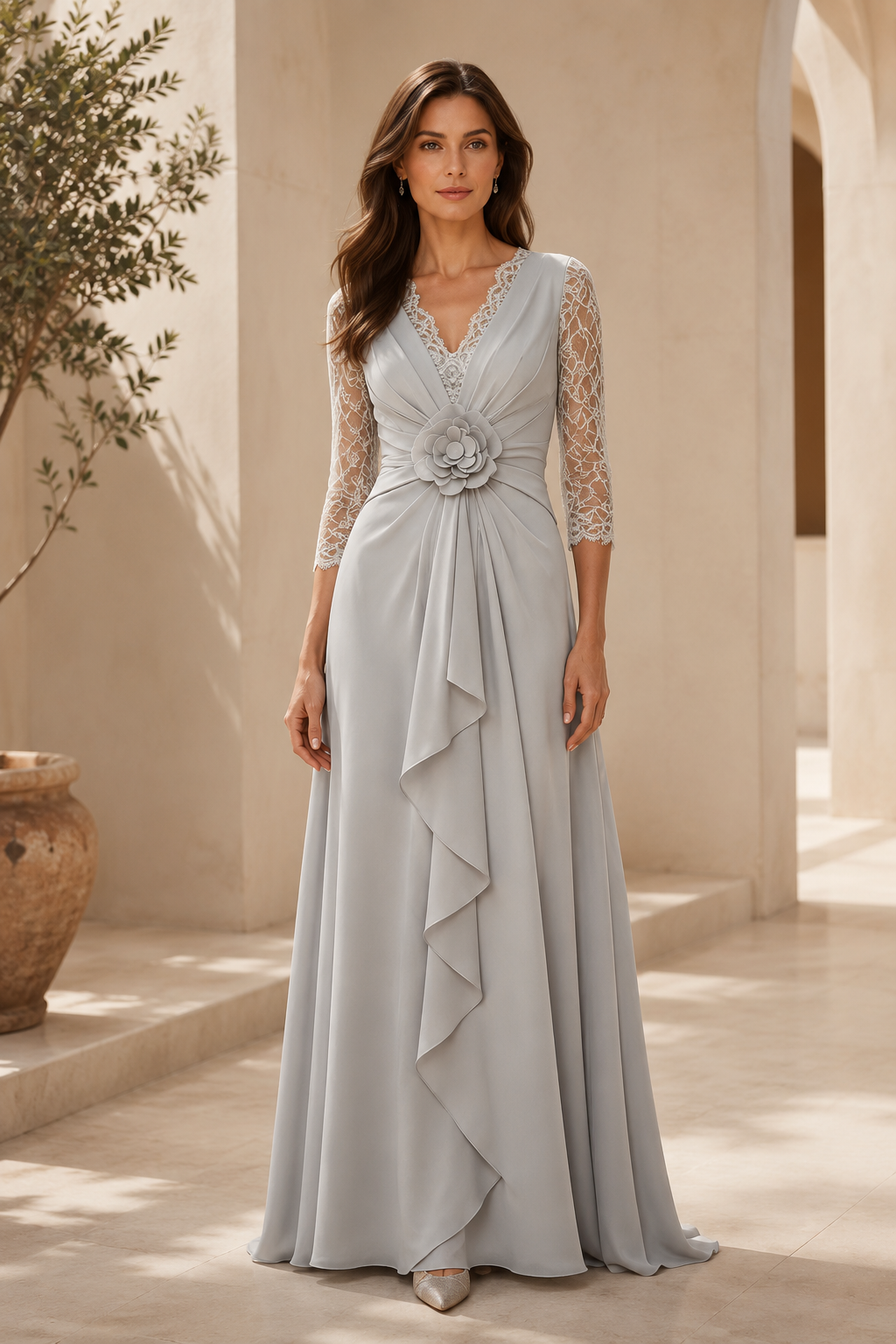 Spitzenkleid mit 3/4-Ärmeln, plissiertem A-Linien-Rock und 3D-Blumen