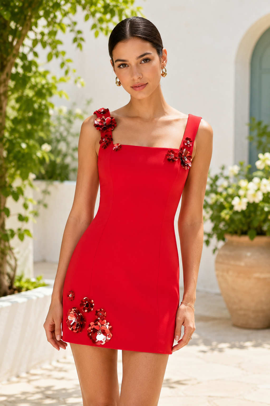 Mini-Kleid mit Blumenapplikationen und eckigem Ausschnitt