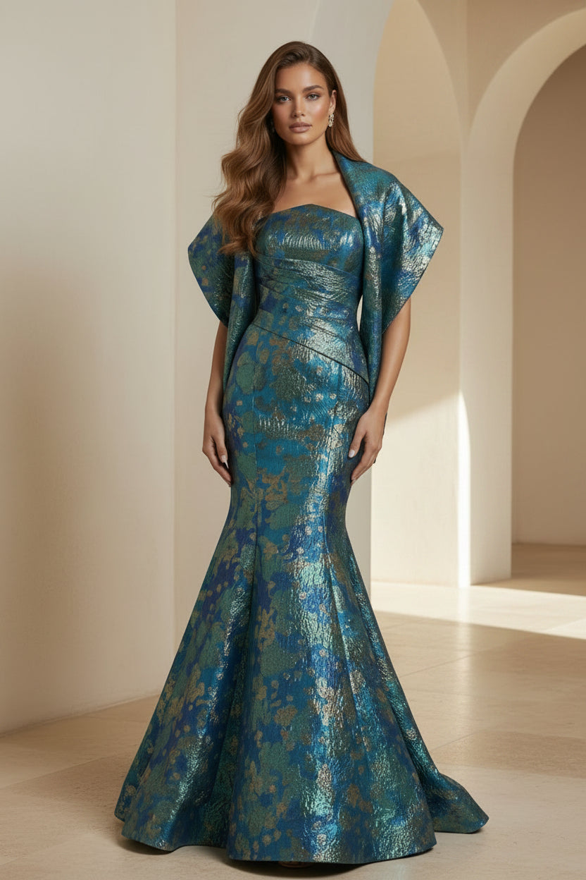 Trägerloses Meerjungfrauenkleid aus metallischem Jacquard mit Stola