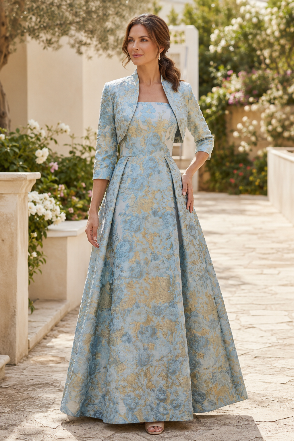 Geblümtes Jacquard A-Linien-Kleid mit verkürzter Jacke