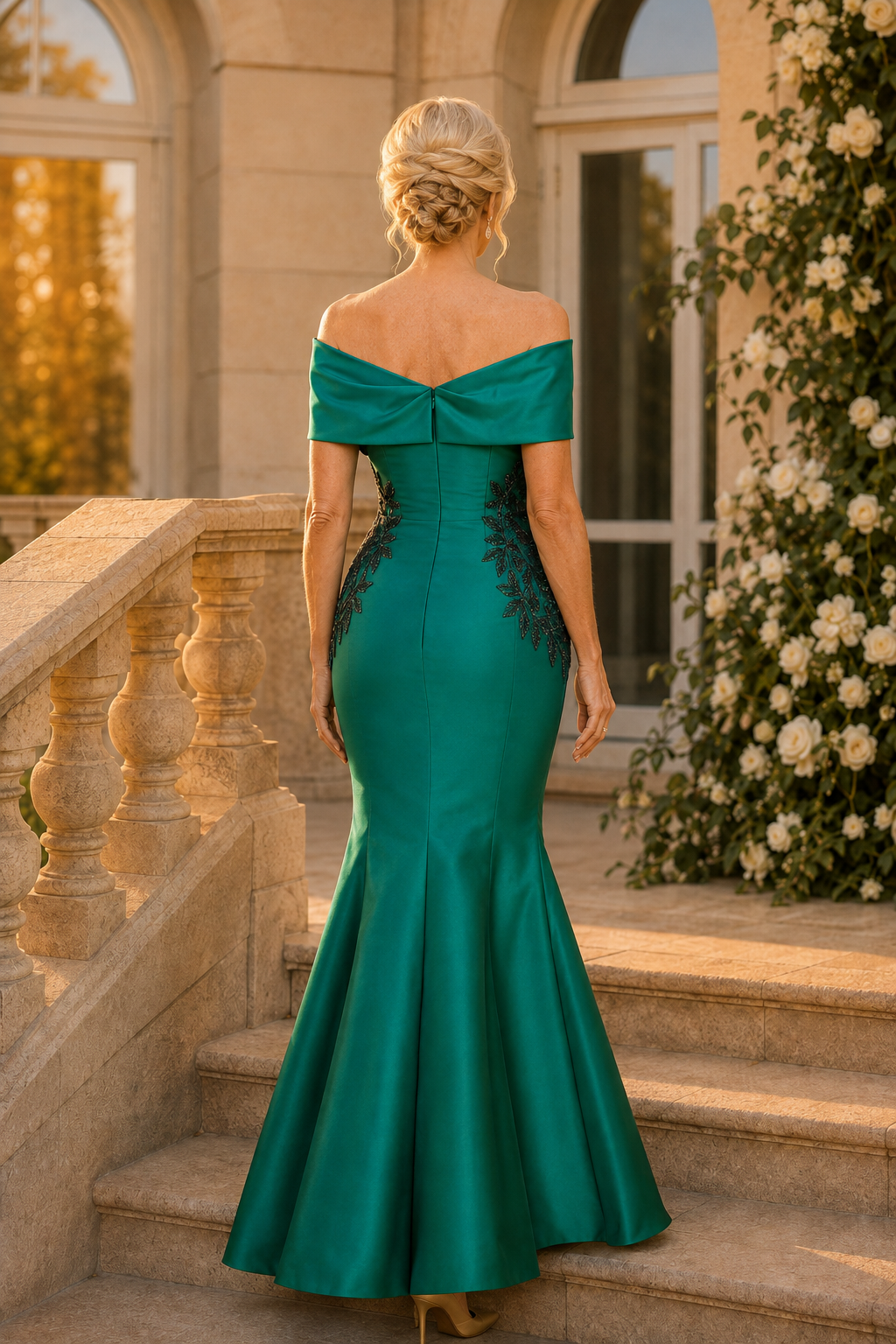 Off-Shoulder Satinknielanges Meerjungfrauenkleid mit Applikationen