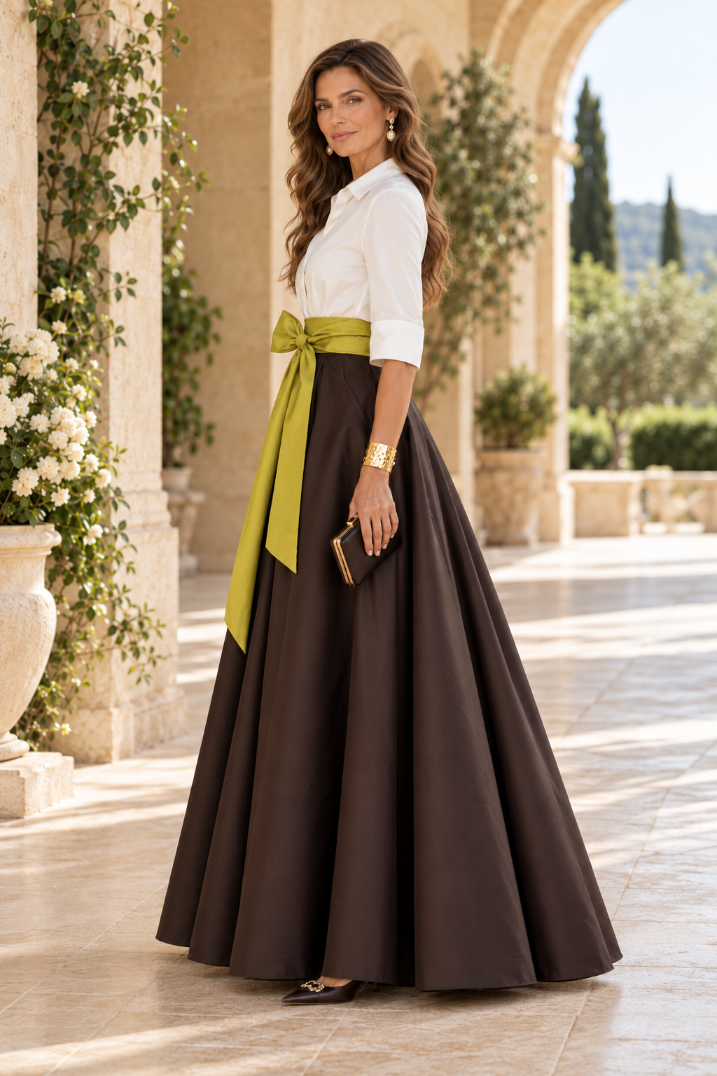 Collared Shirt Ball Gown with Bow Sash and Pockets