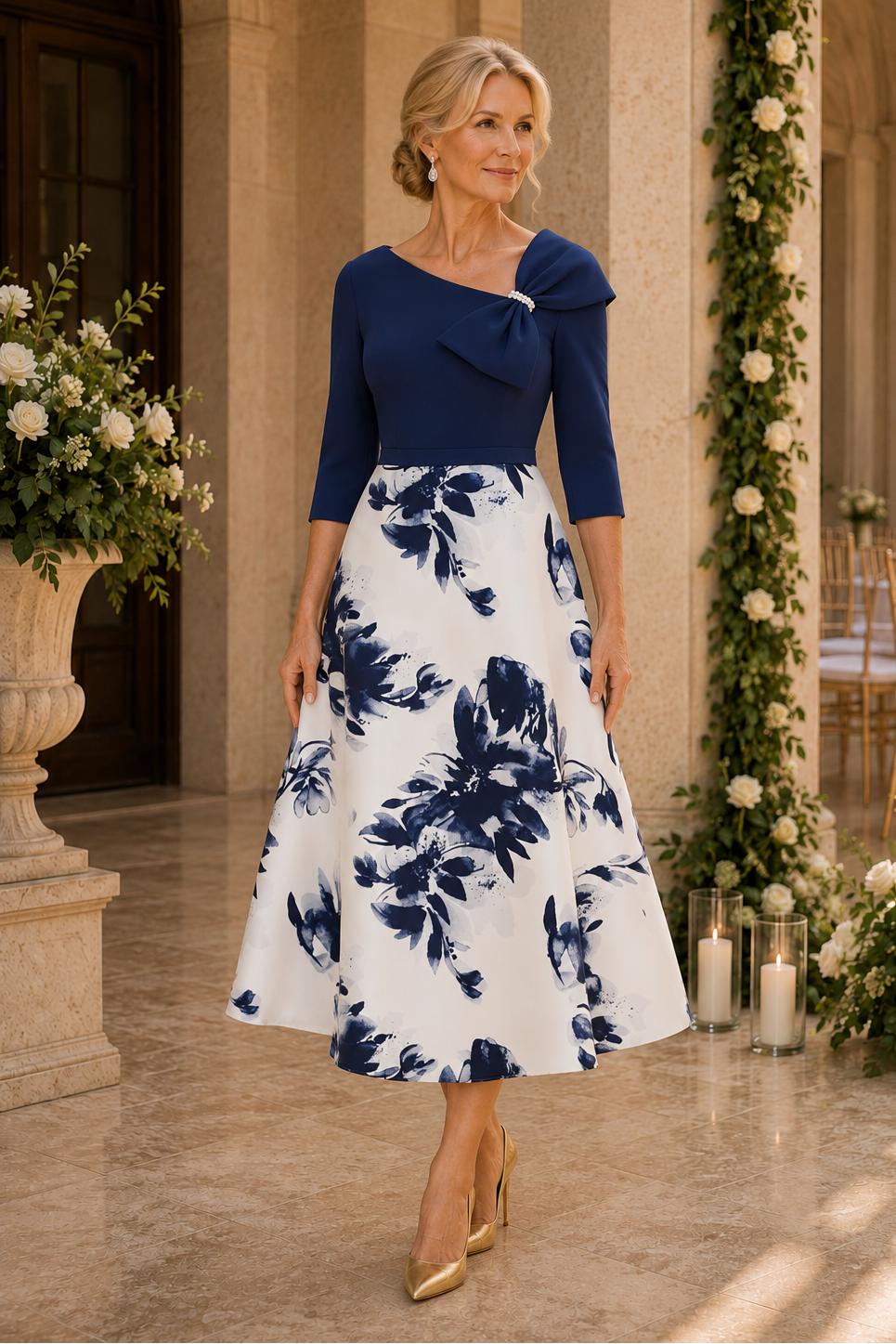 Asymmetrisches geblümtes A-Linien-Midikleid mit Schleife