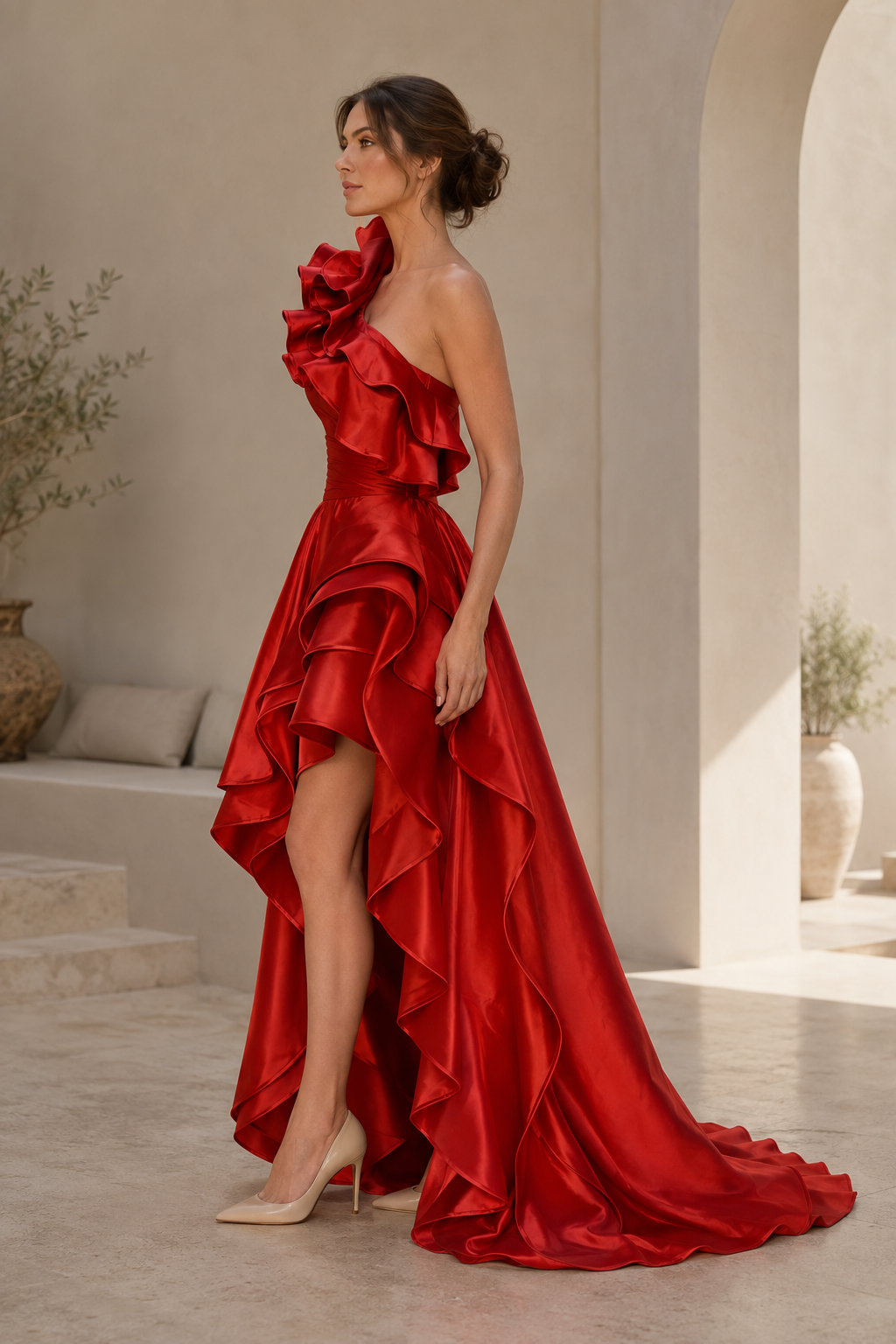 Ein-Schulter-Ballkleid mit Rüschen und hohem Schlitz