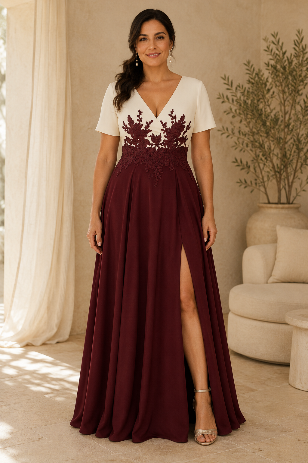 Zweifarbiges Abendkleid mit V-Ausschnitt, Spitzendetail an der Taille und seitlichem Schlitz