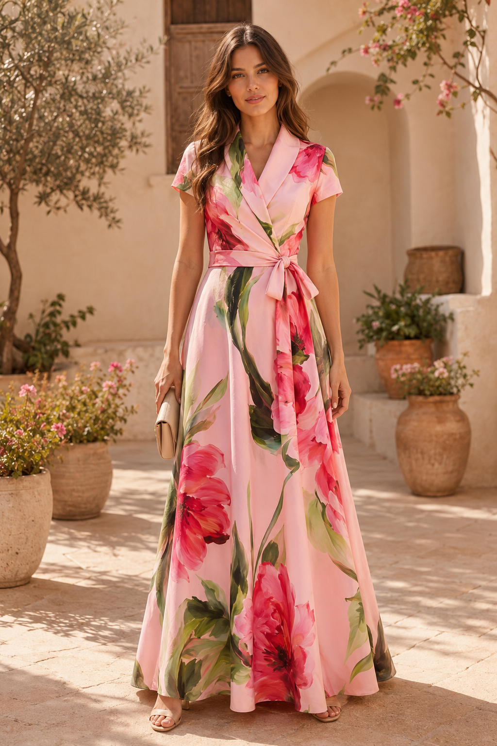 Maxikleid im Blumenprint in Wickeloptik mit Bindegürtel an der Taille