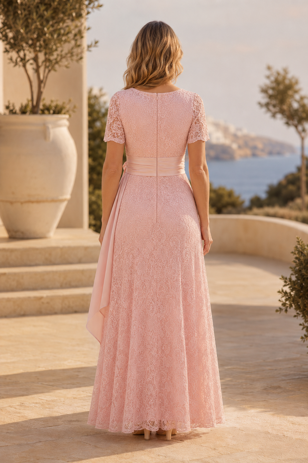 Abendkleid in A-Linie mit kurzen Ärmeln und Spitzengürtel zum Binden