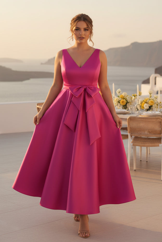 Satin-Midi-A-Linien-Kleid mit V-Ausschnitt, Schleife und Taschen
