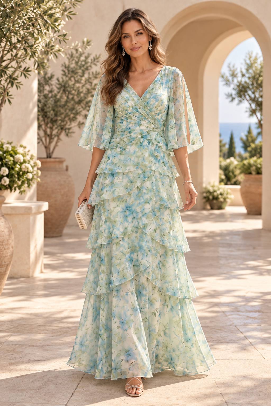Tiered Floral Print Maxi Dress with Flutter Sleeves