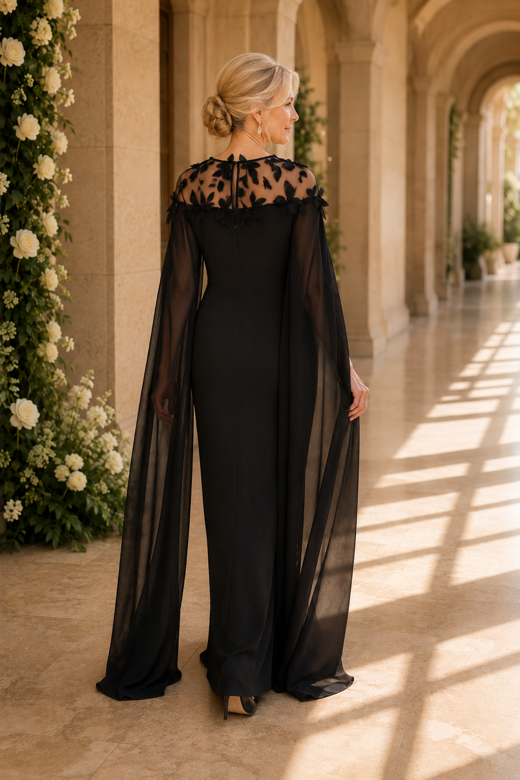 Abendkleid mit Cape und Illusion-Ausschnitt