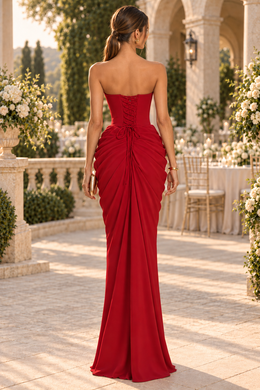Strapless Corset Gown with Draped Column Skirt
