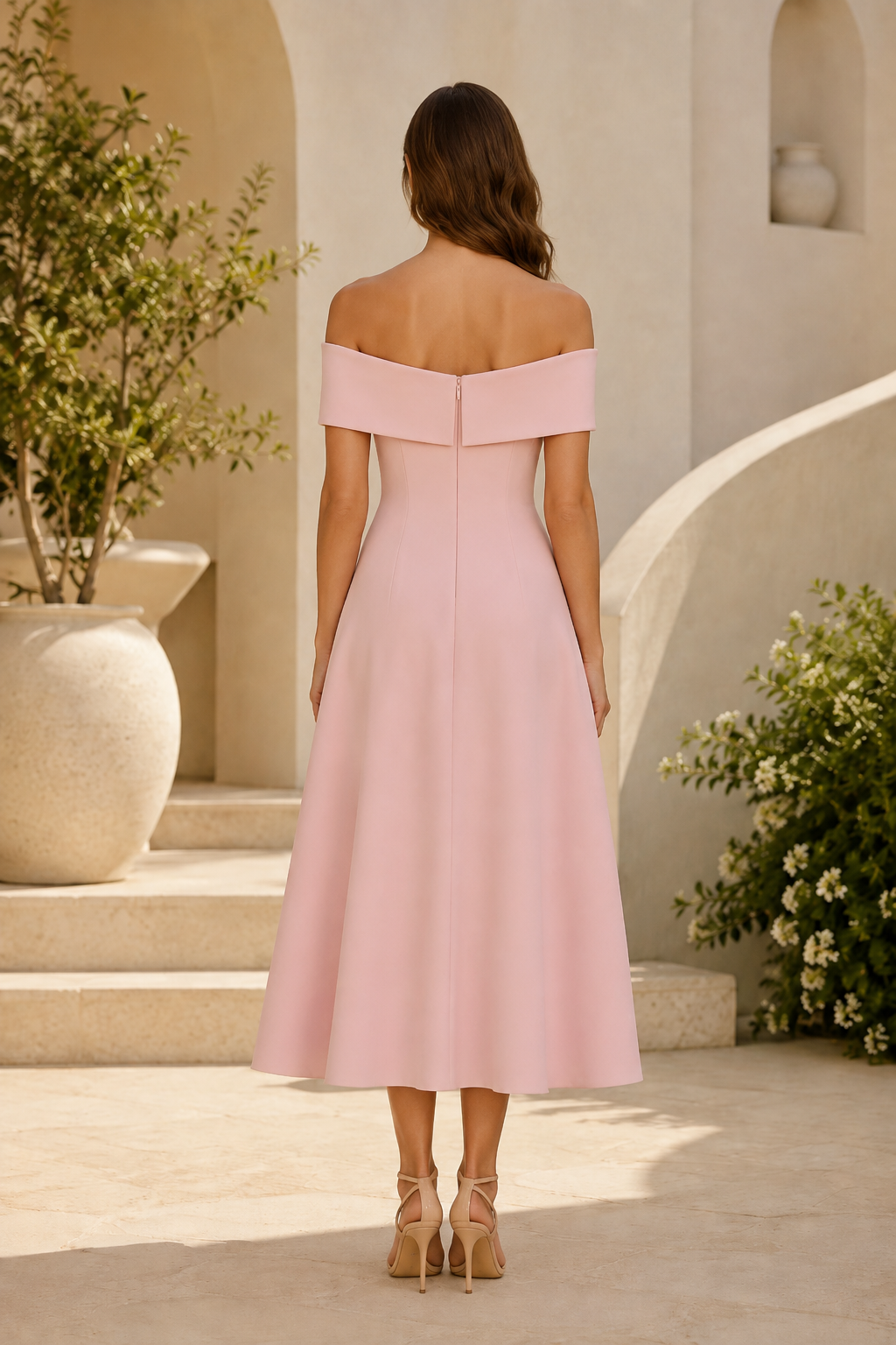 Schulterfreies Midi-Kleid mit Blumenapplikationen