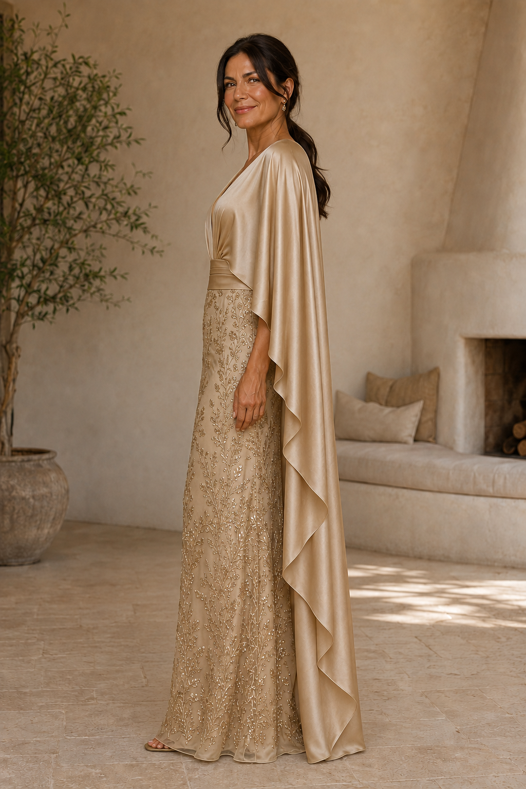 Plissiertes Satincape-Kleid mit besticktem Rock