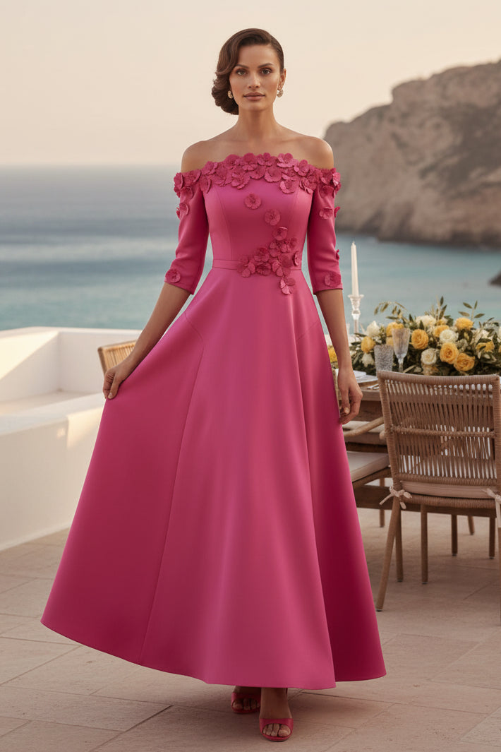 Schulterfreies, asymmetrisches Midikleid mit 3D-Blumenmuster