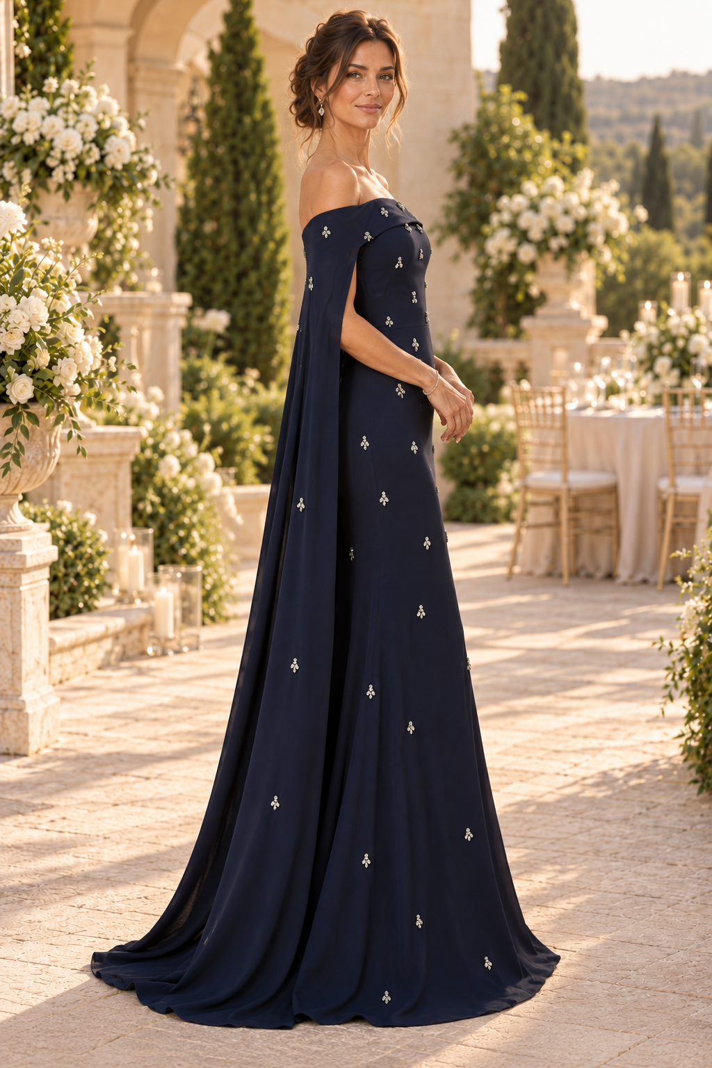 Off-the-Shoulder Cape Gown with Crystal Accents
