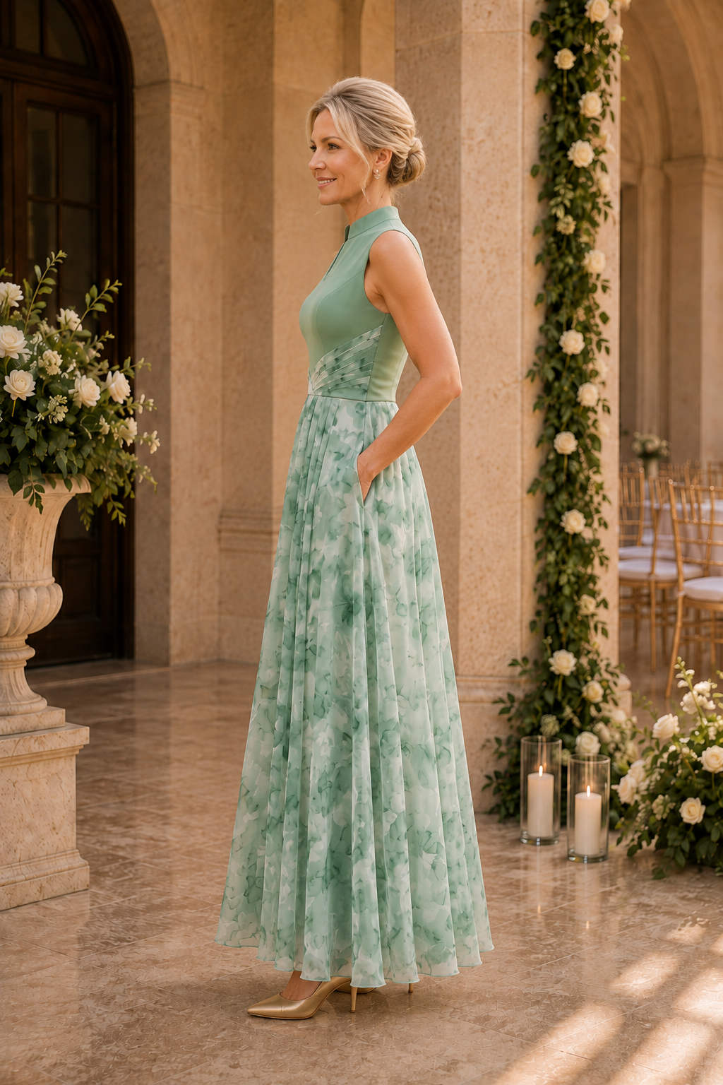 Ärmelloses Maxikleid mit Blumenmuster und Taschen