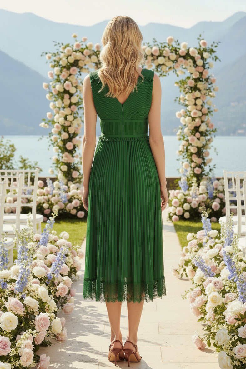 Plissiertes V-Ausschnitt Midikleid mit Spitzenbesatz