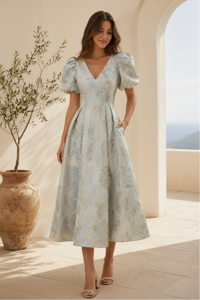 Jacquard Midikleid mit Puffärmeln und Taschen