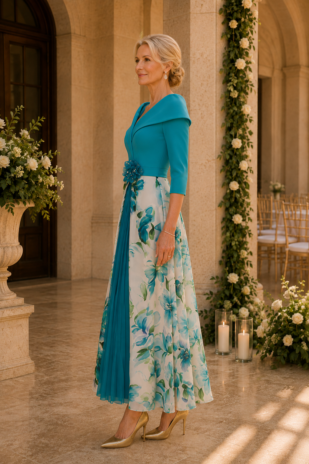 Kleid mit Porträtkragen, Blumenmuster und Falten, knöchellang