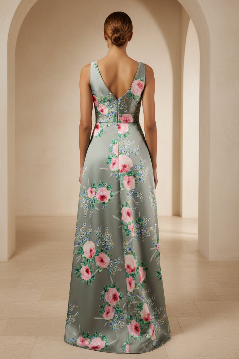 Blumiges Satin-Abendkleid mit V-Ausschnitt und A-Linie