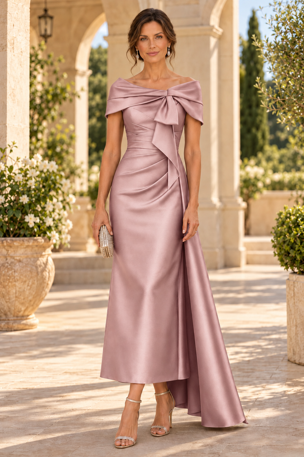 Off-the-Shoulder High-Low Gown with Bow Accent