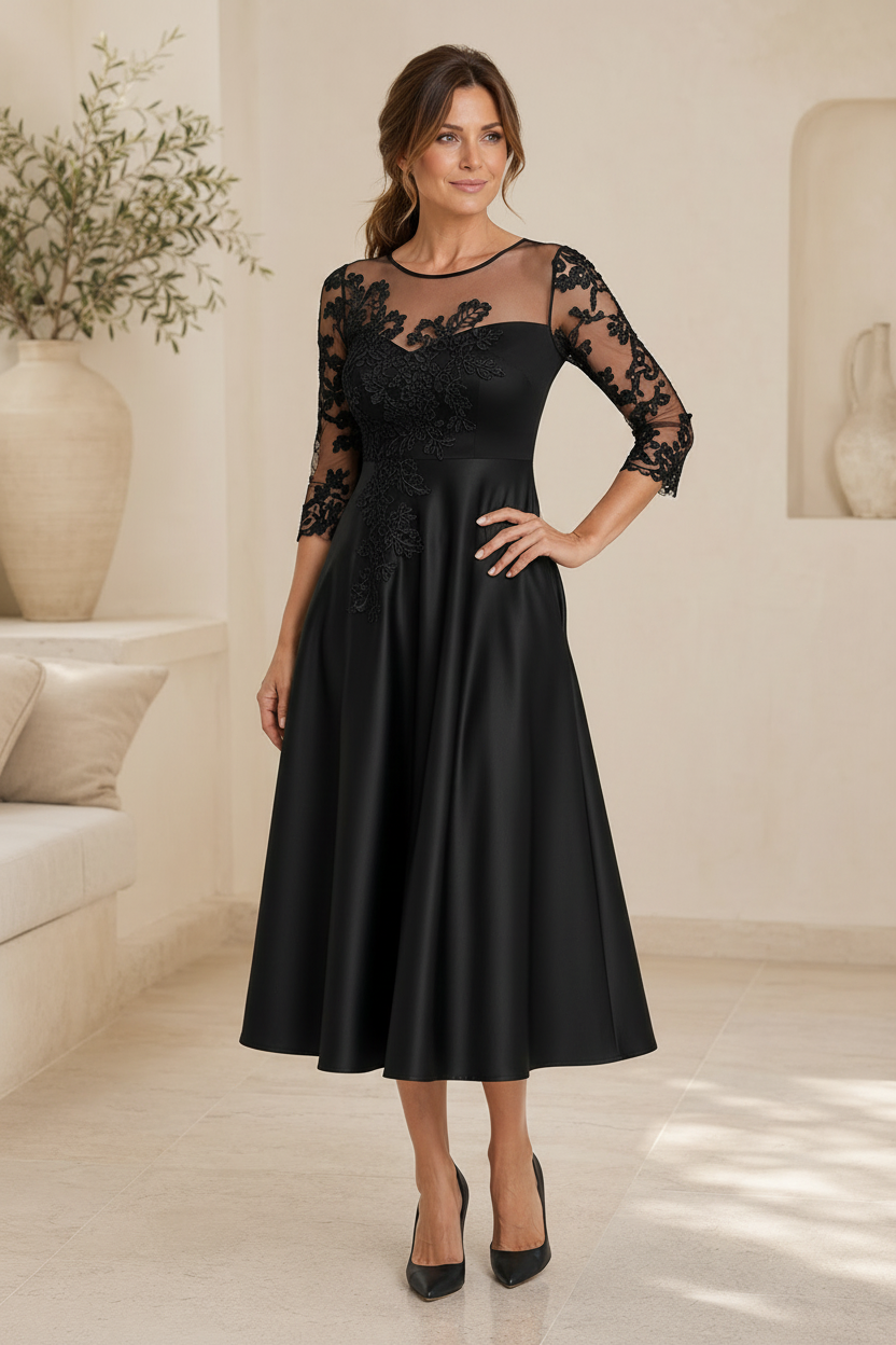 Midi-A-Linien-Kleid mit Illusionsausschnitt und Spitzenapplikationen