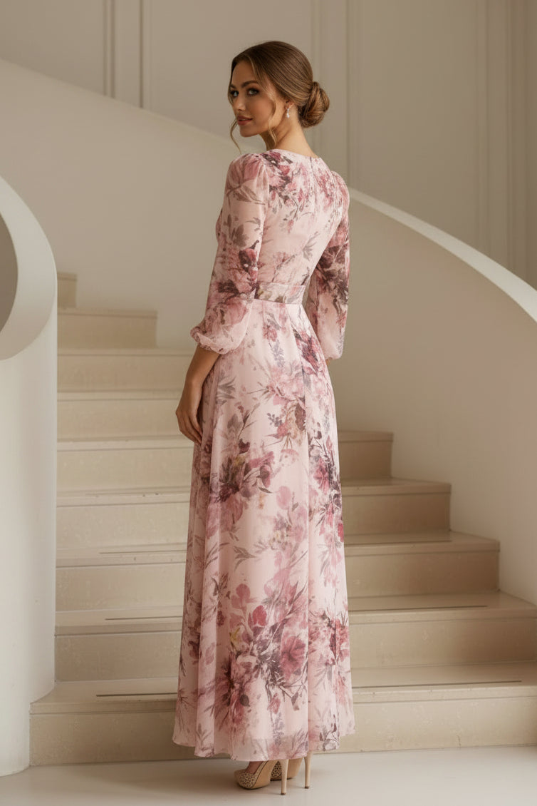 Florales Chiffon Wickelmaxikleid mit 3/4-Ärmeln