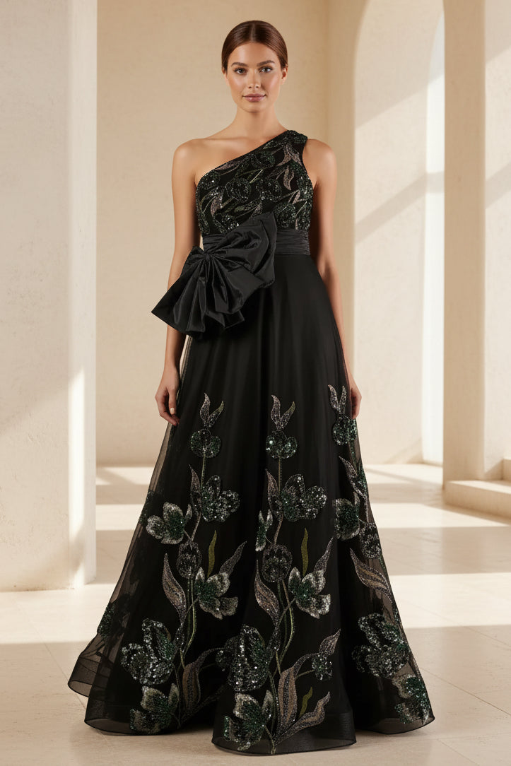 Asymmetrisches A-Linien-Abendkleid mit Pailletten und Blumenmuster