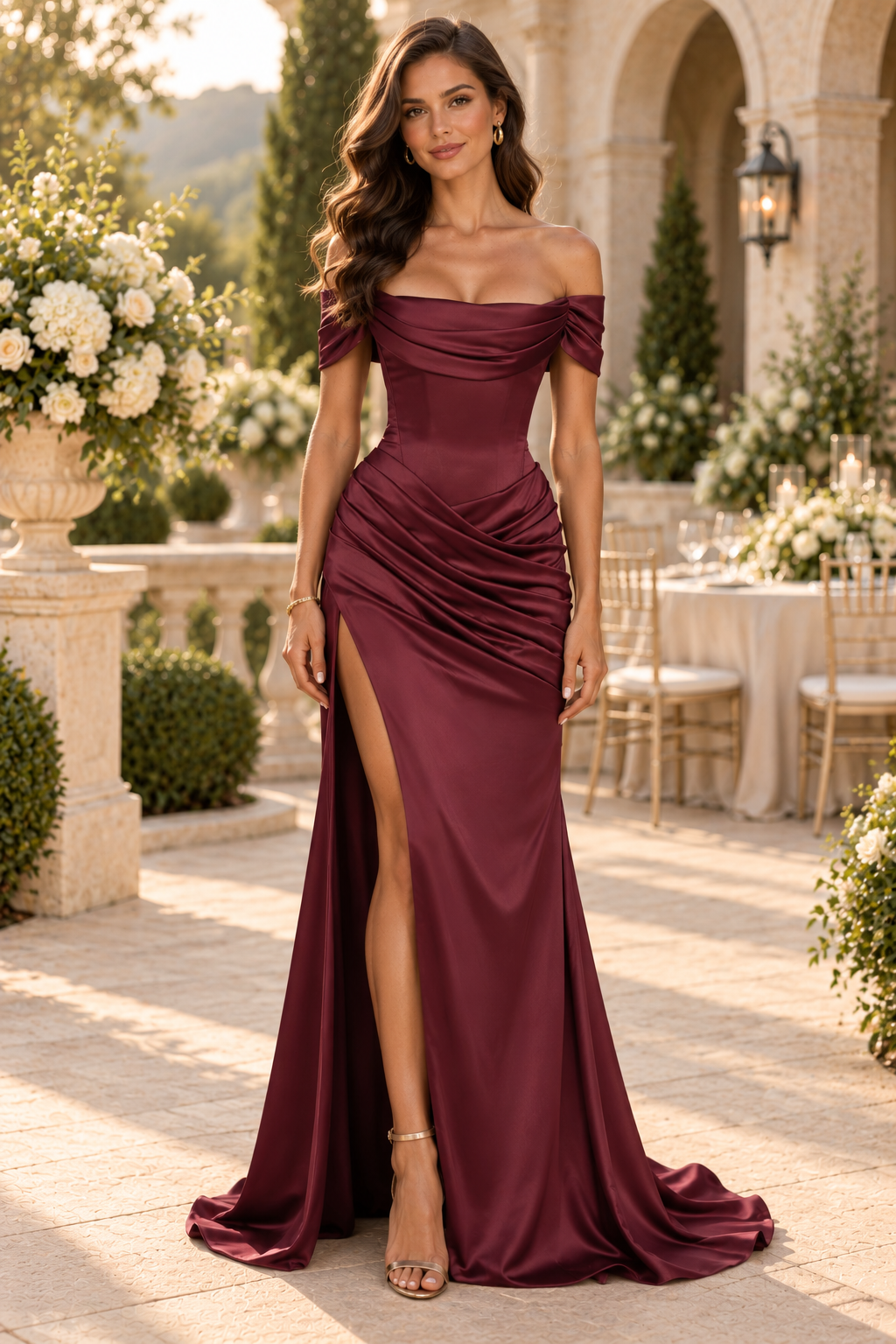 Off-Shoulder Ruched Satin Gown with High Slit