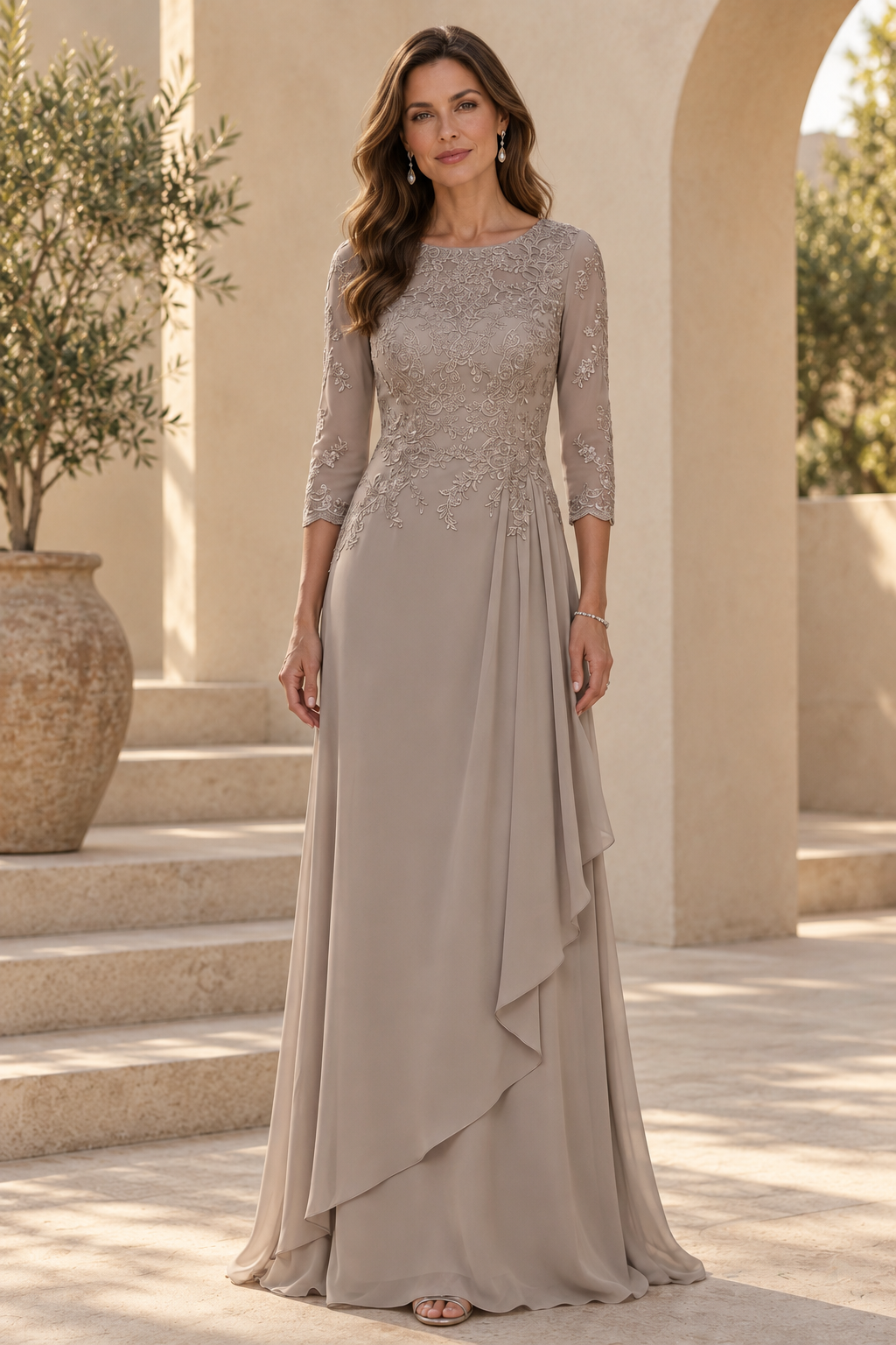 Embroidered Bodice 3/4 Sleeve Cascading Maxi Dress