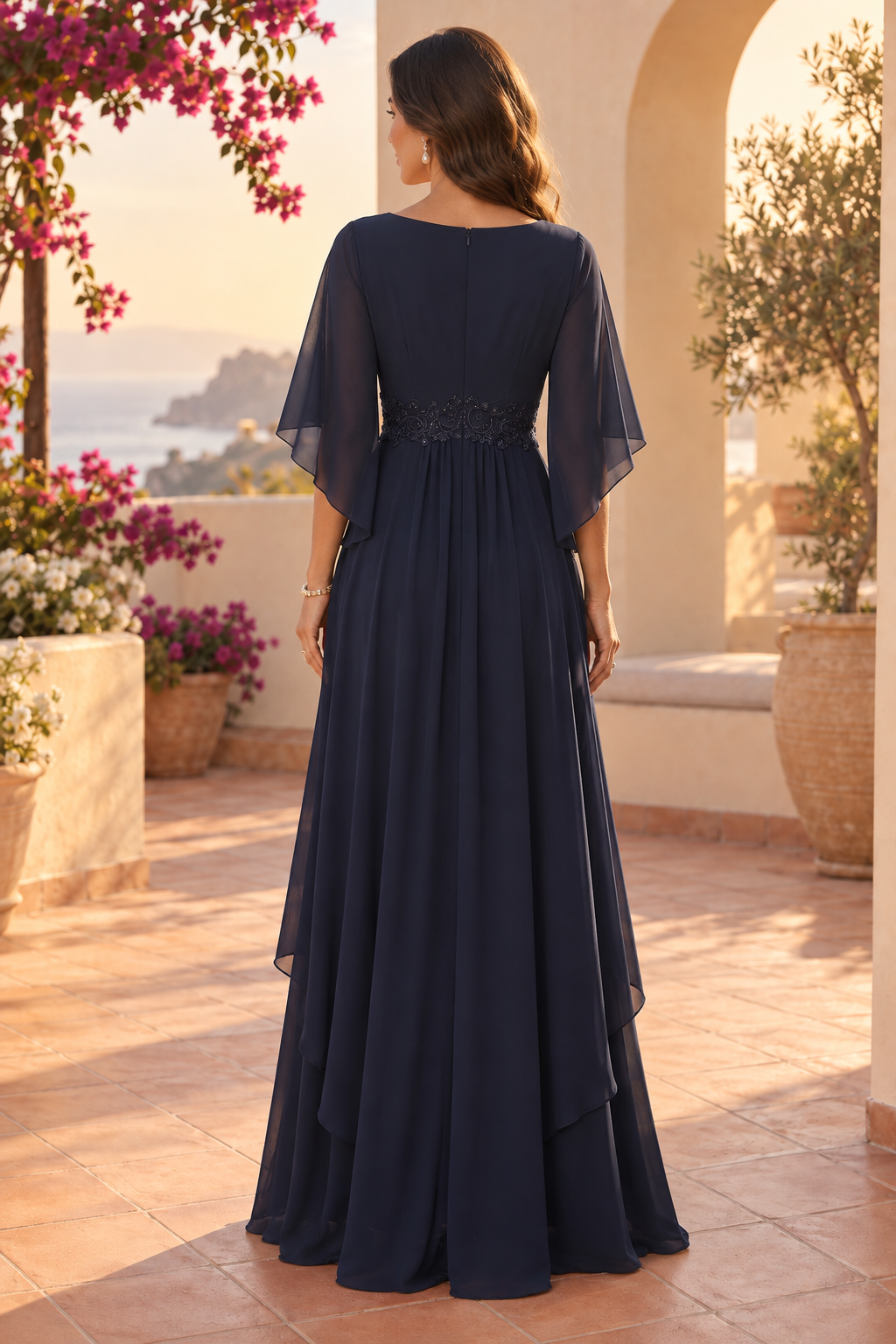 Flutter Sleeve Chiffon Maxi Dress with Beading