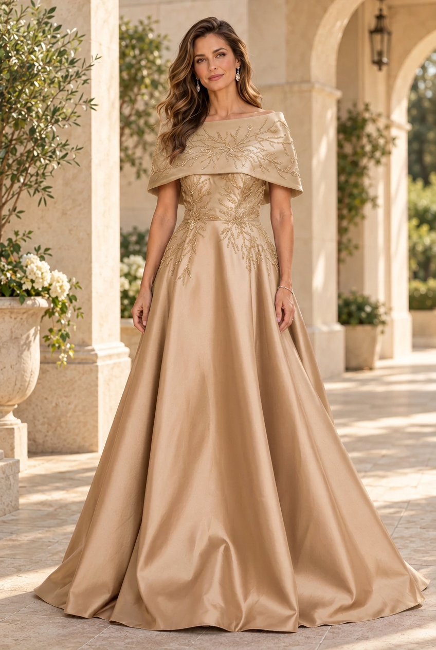 Embellished Cape Collar A-Line Evening Gown