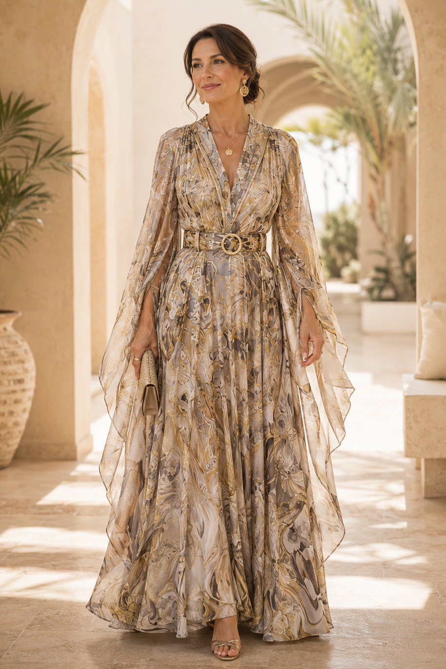Bedrucktes Maxikleid mit Cape-Ärmeln und Gürtel
