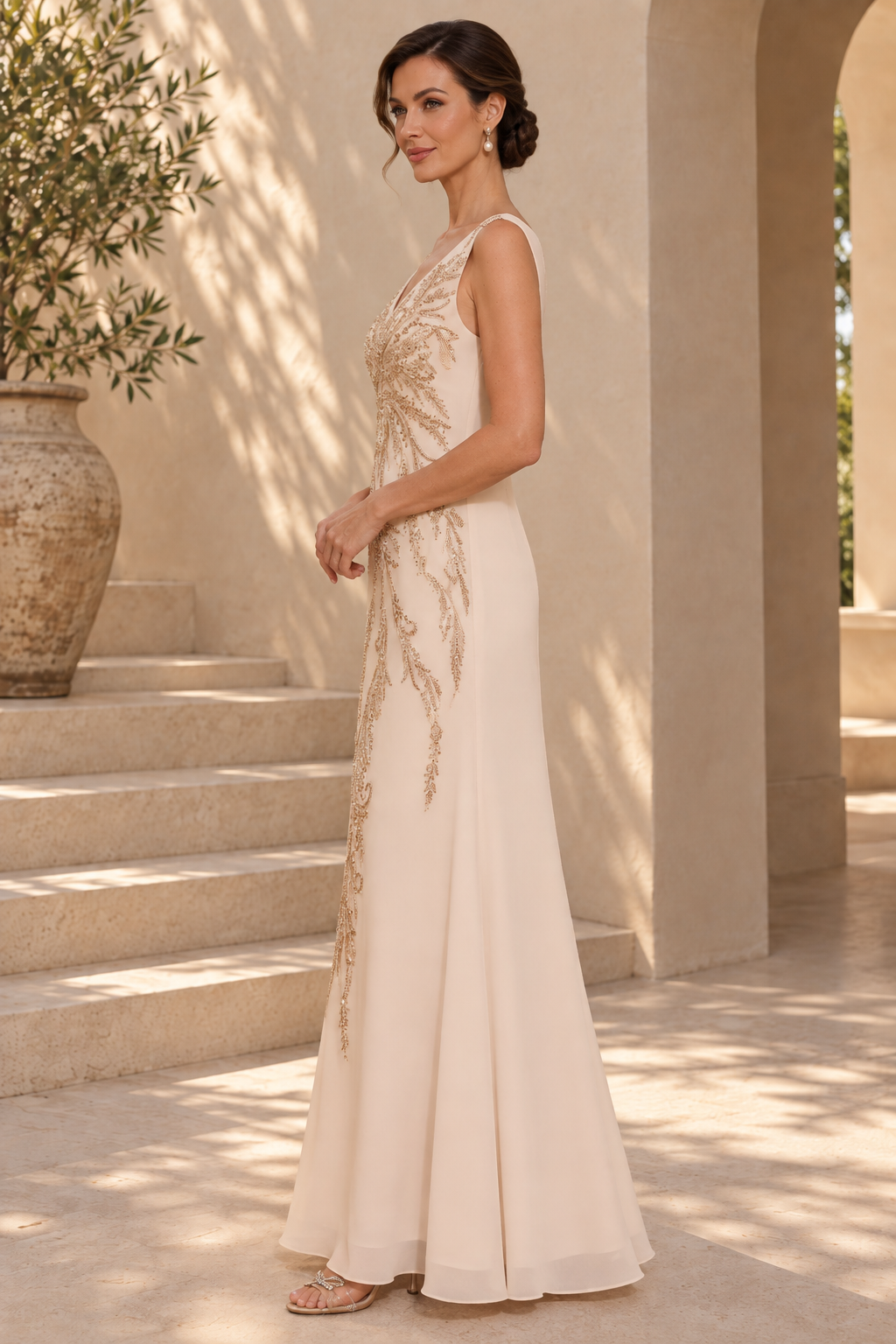 Sleeveless V-Neck Sequin Embellished A-Line Gown