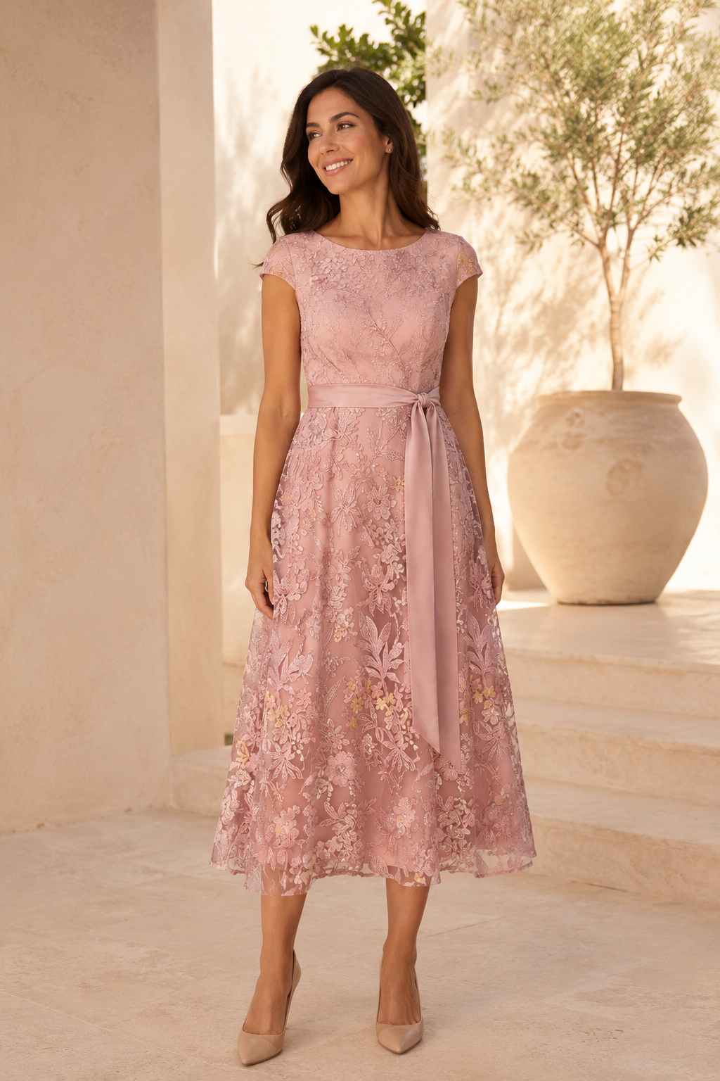 Ärmelloses, besticktes A-Linien-Midikleid aus Spitze