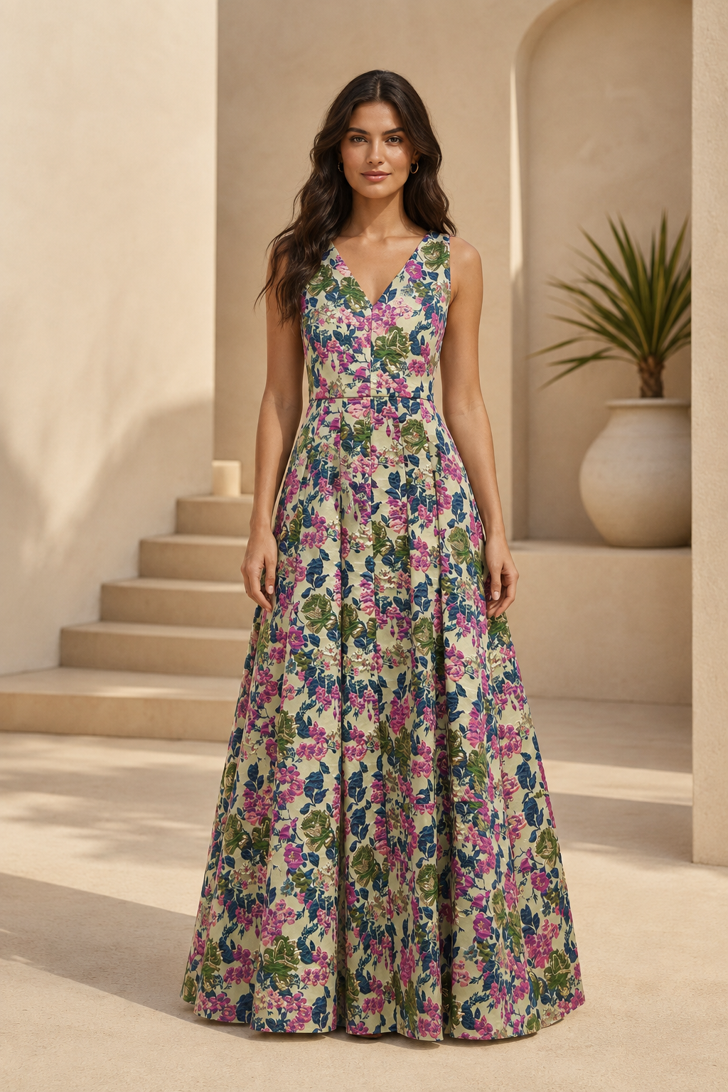 Florales Jacquard Maxikleid in A-Linie