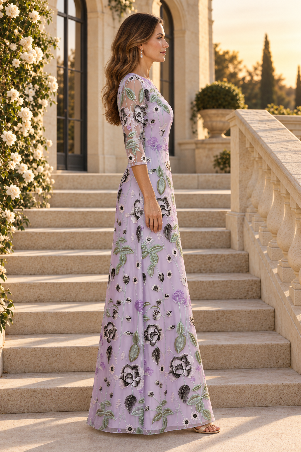 Embroidered Floral A-Line Gown with 3/4 Sleeves