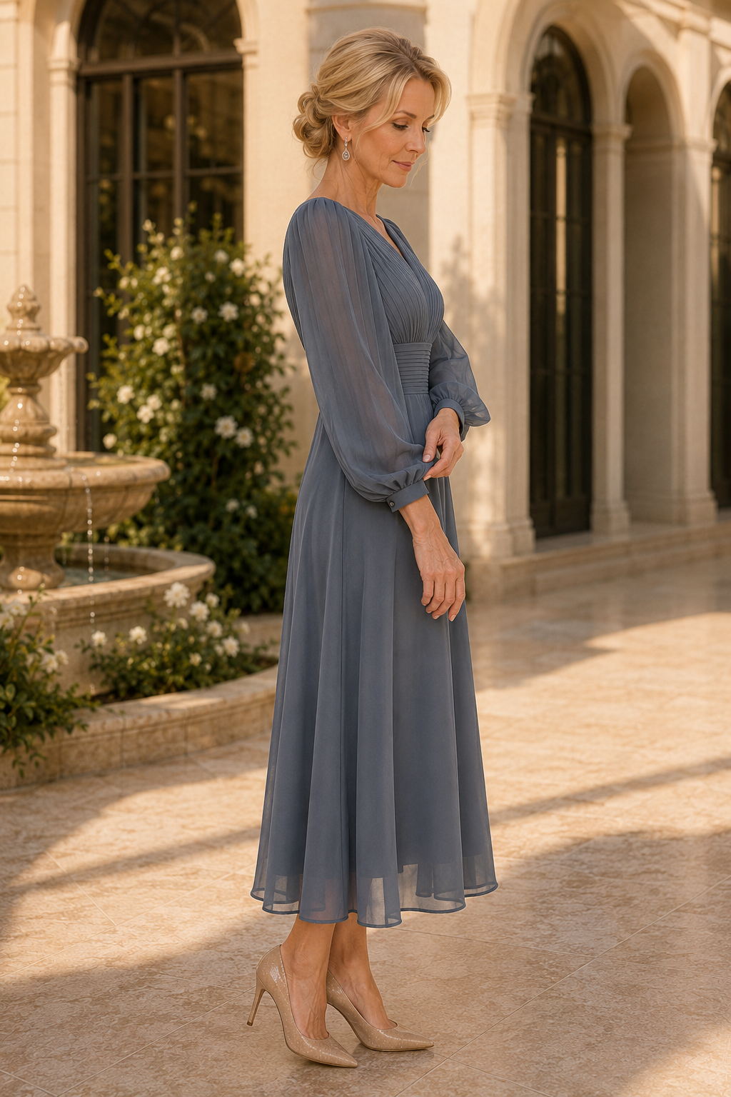 Plissiertes Chiffon-Midi-Kleid mit V-Ausschnitt und langen Ärmeln