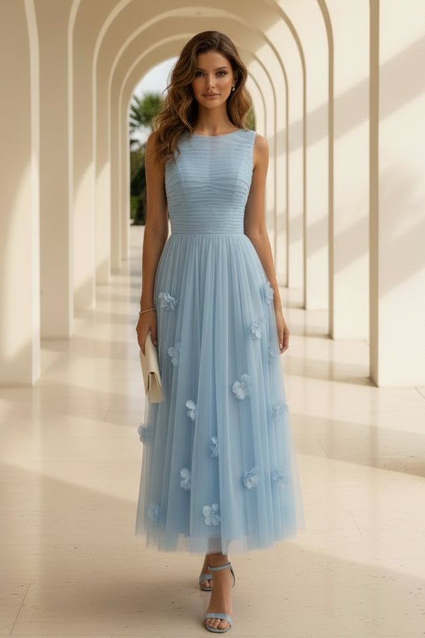 Gerüschtes Tüll-A-Linien-Midikleid mit 3D-Blumen