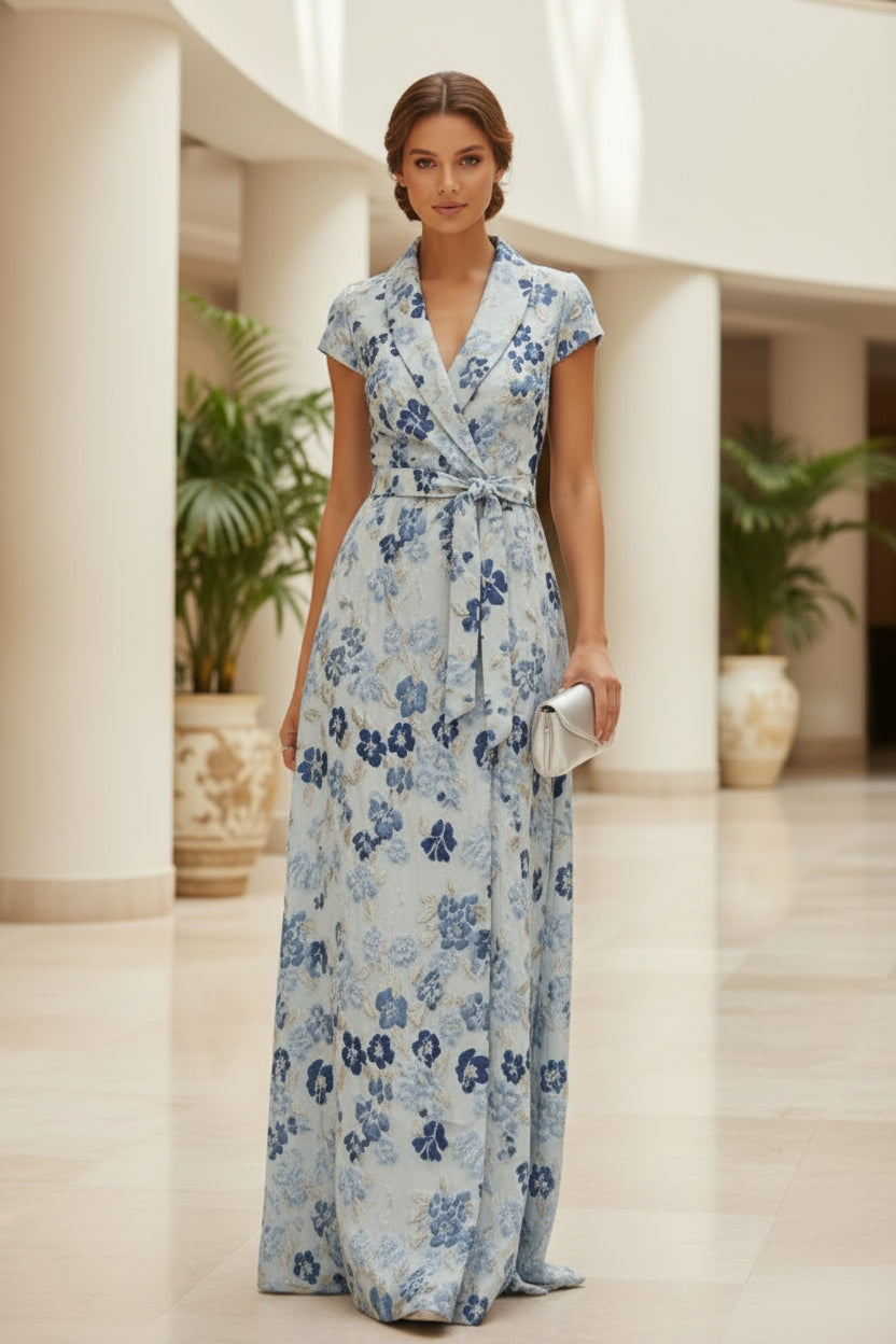 Florales Jacquard-Wickelmaxikleid mit Bindegürtel