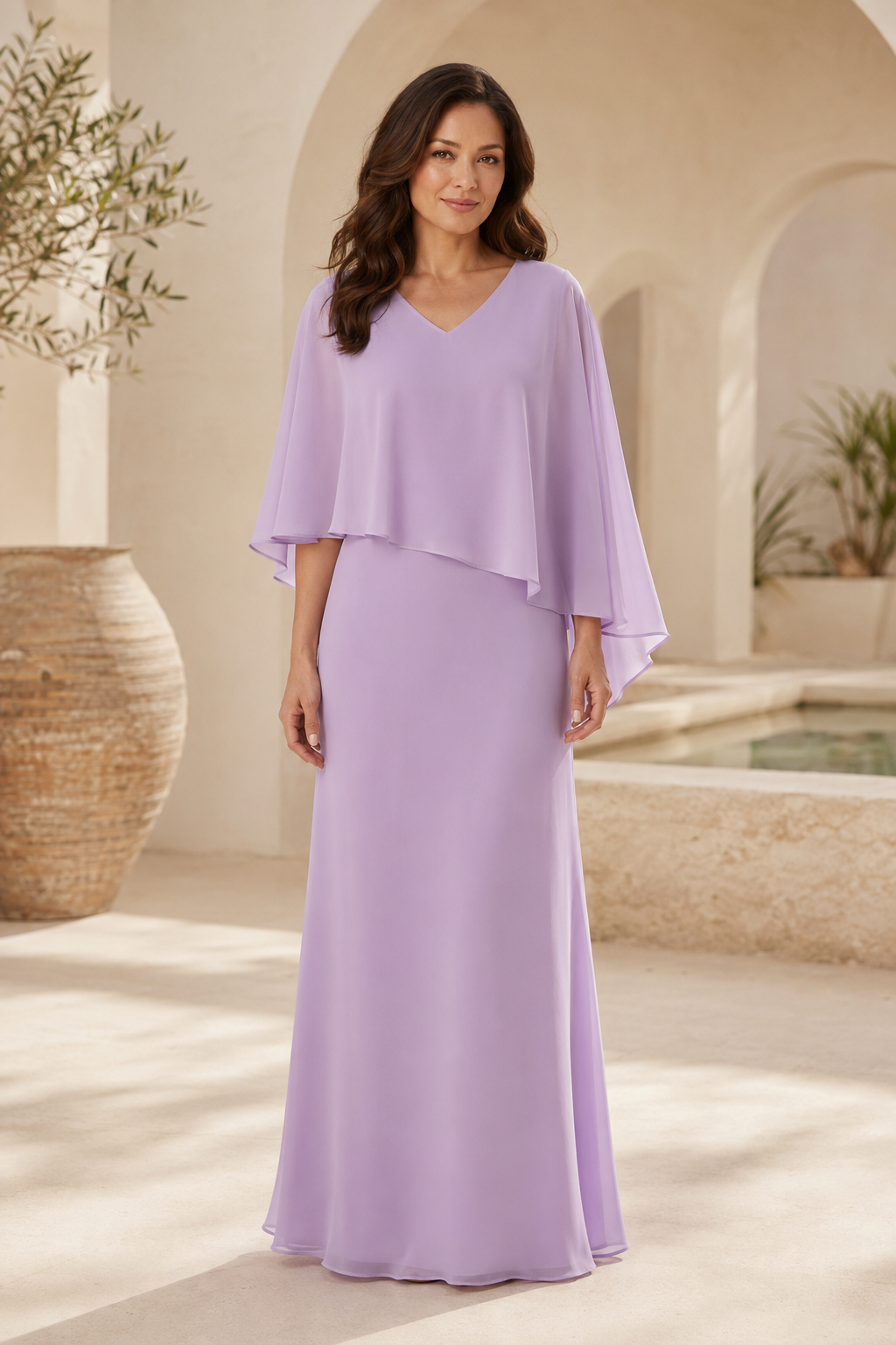 Chiffon-Abendkleid mit Cape-Overlay