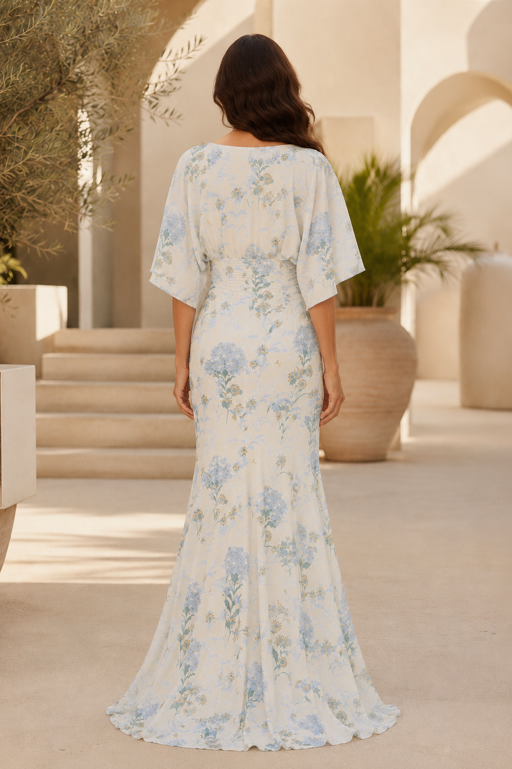 Abendkleid im Meerjungfrauen-Stil mit Blumenmuster und Volantärmeln