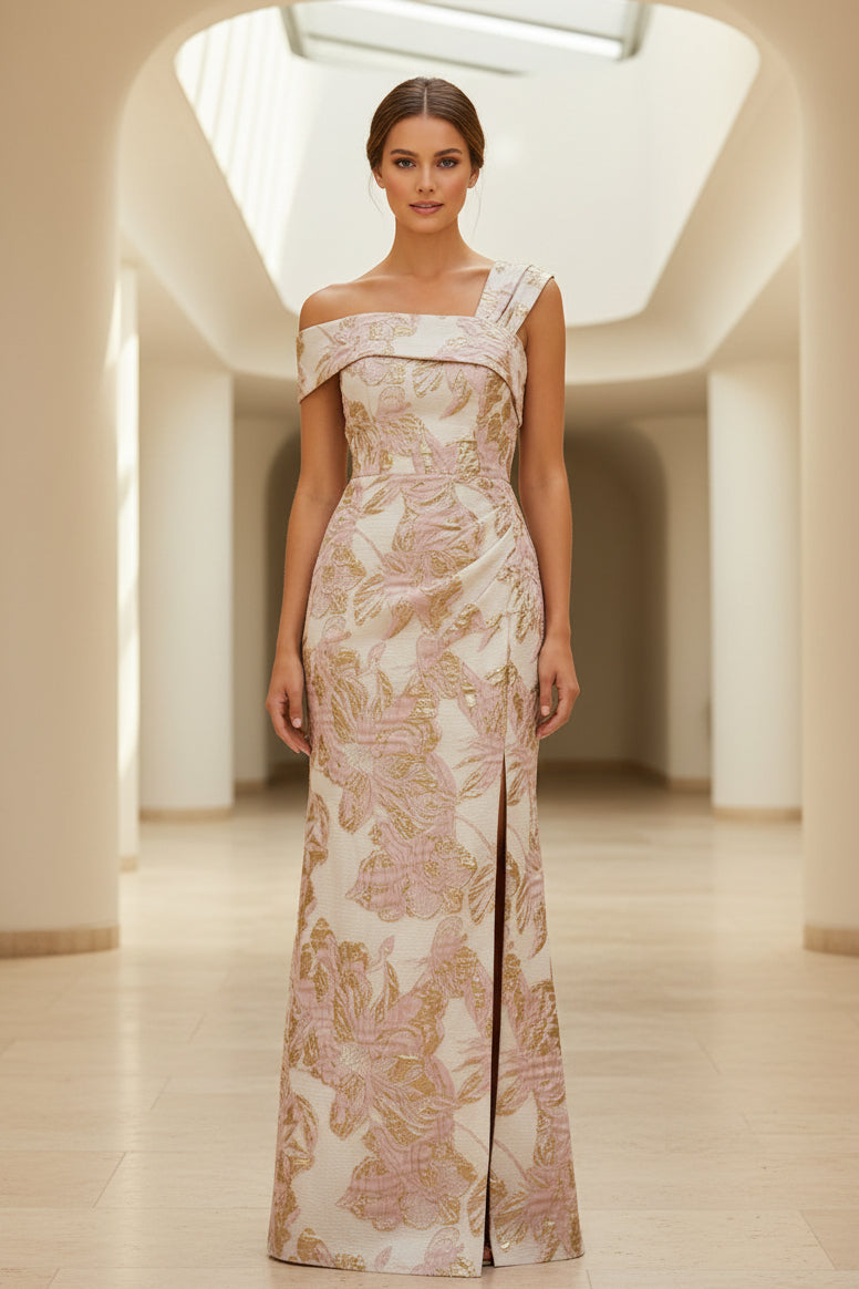 Blumiges Jacquard-Abendkleid mit One-Shoulder und Schlitz