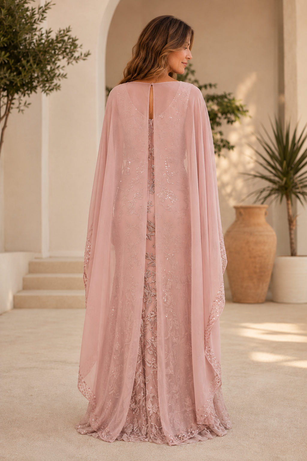 Besticktes Pailletten-Abendkleid mit Capelet