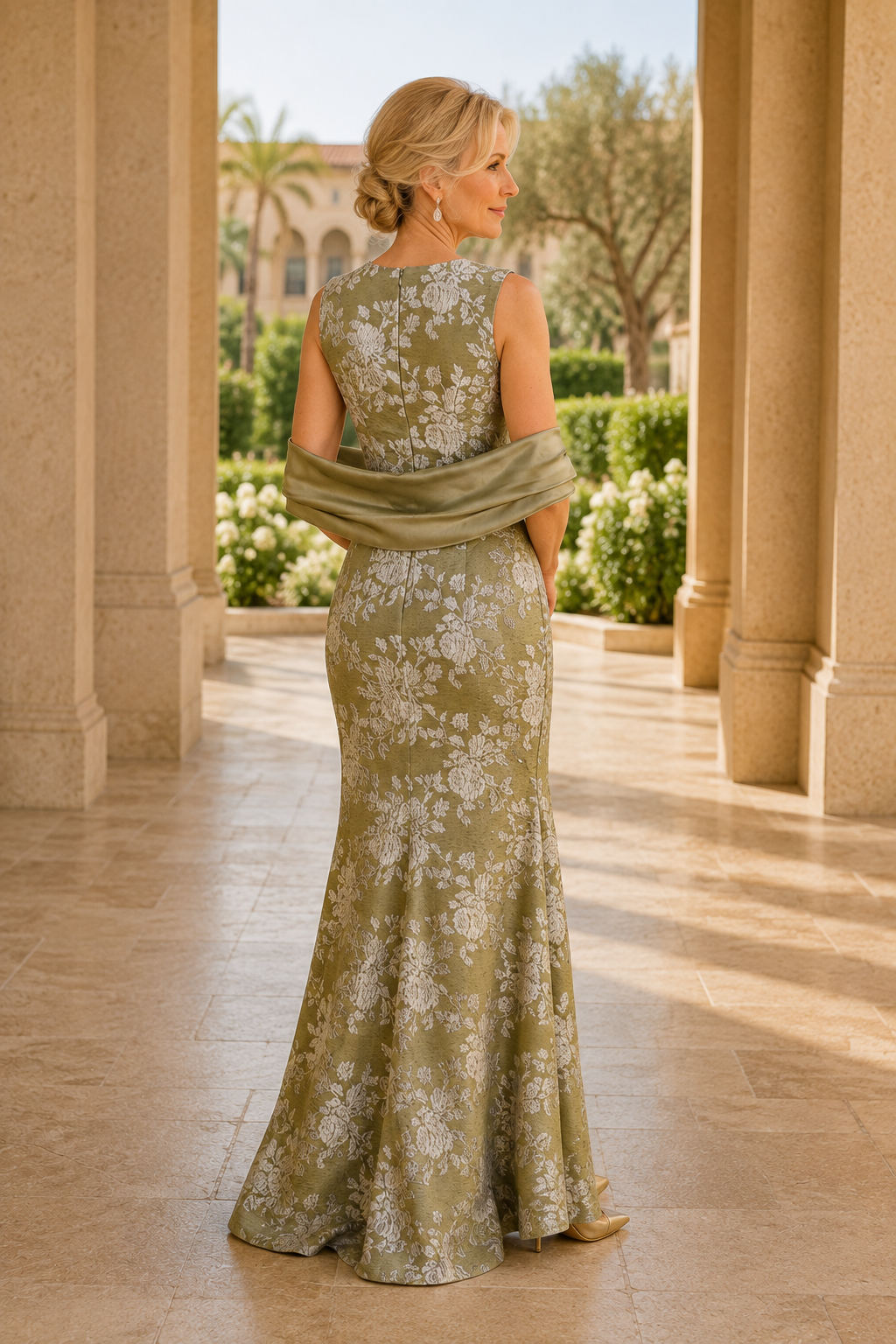 Ärmelloses Abendkleid mit Blumen-Jacquard und Trompetenrock