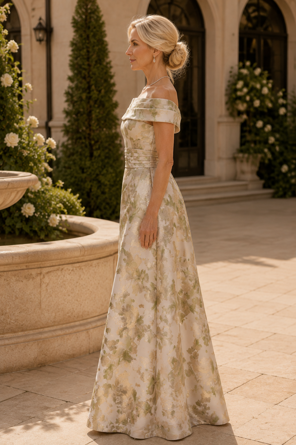Plissiertes, schulterfreies A-Linien-Kleid mit Blumenmuster
