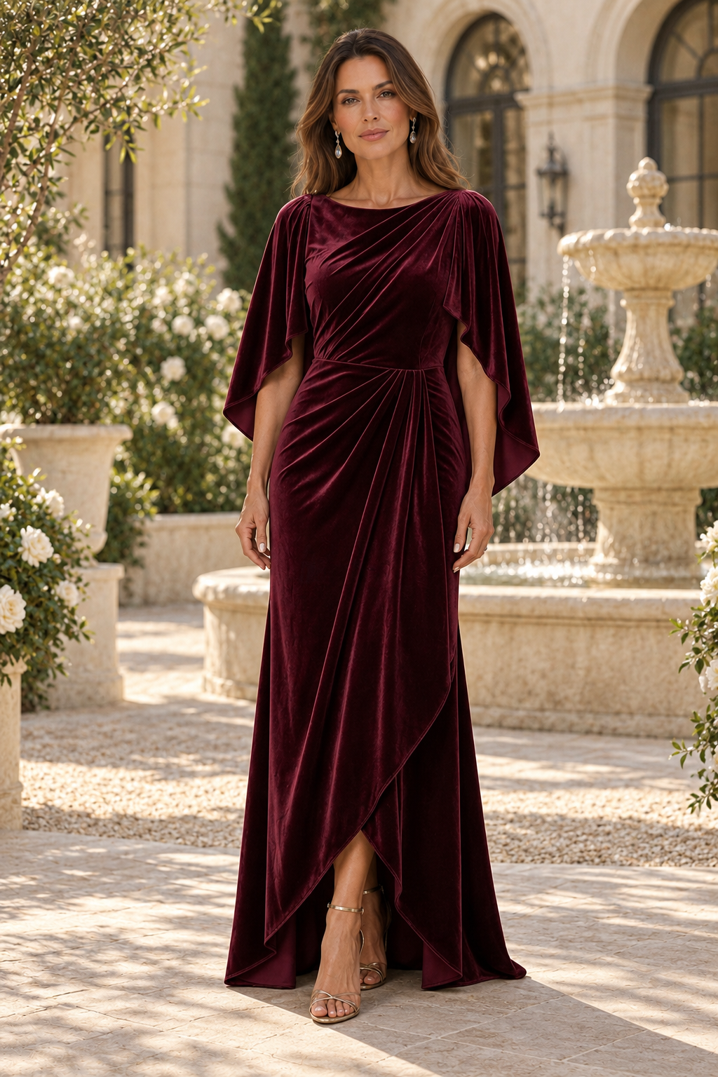 Ruched Velvet Cape Gown with High-Low Hem